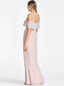 Pink Chiffon Bridesmaid Dress Cold Shoulder Ruffled Split A-Line Maxi Gowns