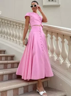 Pink Crop Top And High-Waist Long Skirt Two Piece Co-ord Set For Summer 2026