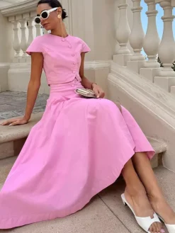 Pink Crop Top And High-Waist Long Skirt Two Piece Co-ord Set For Summer 2026