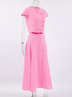 Pink Crop Top And High-Waist Long Skirt Two Piece Co-ord Set For Summer 2026
