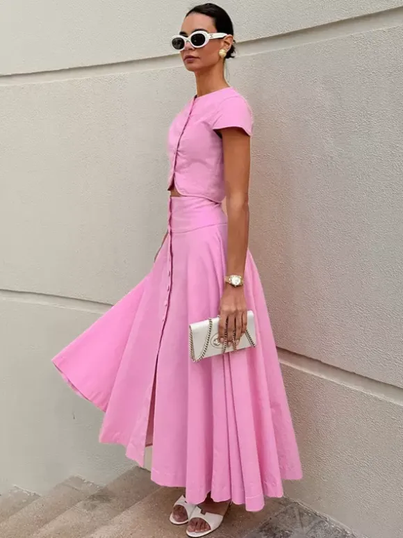 Pink Crop Top And High-Waist Long Skirt Two Piece Co-ord Set For Summer 2026