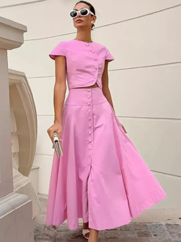 Pink Crop Top And High-Waist Long Skirt Two Piece Co-ord Set For Summer 2026