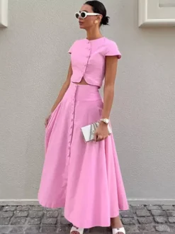 Pink Crop Top And High-Waist Long Skirt Two Piece Co-ord Set For Summer 2026