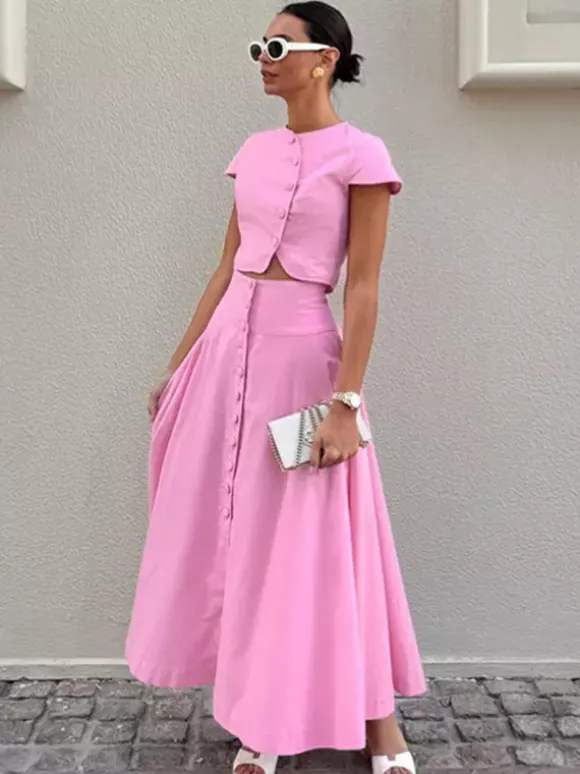 Pink Crop Top And High-Waist Long Skirt Two Piece Co-ord Set For Summer 2026