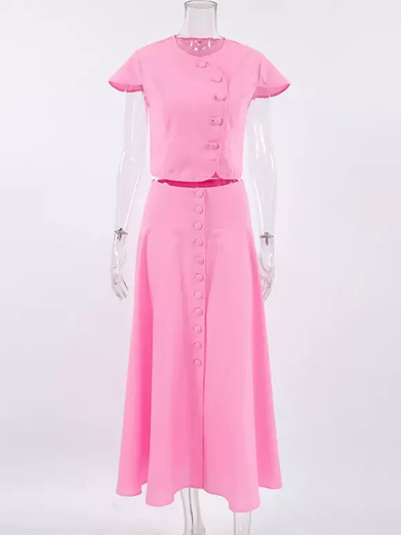 Pink Crop Top And High-Waist Long Skirt Two Piece Co-ord Set For Summer 2026