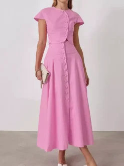 Pink Crop Top And High-Waist Long Skirt Two Piece Co-ord Set For Summer 2026