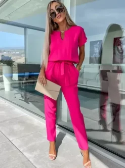 Pink Embellished Collar Short Sleeves Cut Out Polyester Straight Summer One Piece Outfit
