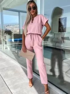 Pink Embellished Collar Short Sleeves Cut Out Polyester Straight Summer One Piece Outfit