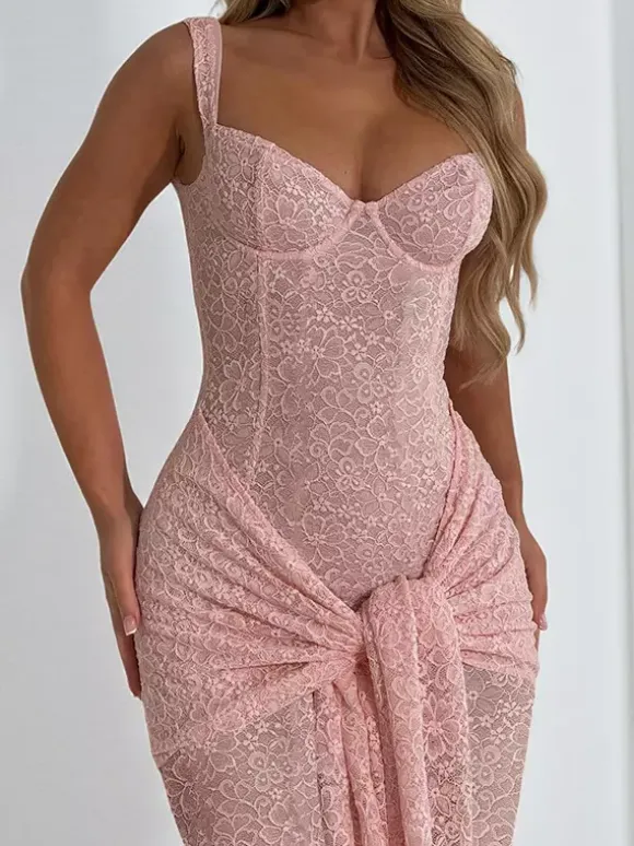 Pink Fairycore Lace Jumpsuit For Women - Tie Front Flare Leg Romper - Summer Romantic Date Night Party Wear 2026
