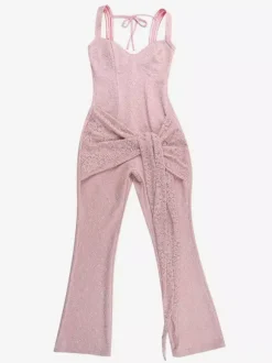 Pink Fairycore Lace Jumpsuit For Women - Tie Front Flare Leg Romper - Summer Romantic Date Night Party Wear 2026