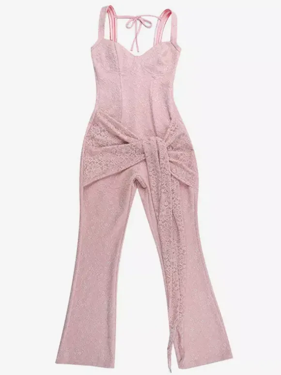 Pink Fairycore Lace Jumpsuit For Women - Tie Front Flare Leg Romper - Summer Romantic Date Night Party Wear 2026
