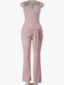Pink Fairycore Lace Jumpsuit For Women - Tie Front Flare Leg Romper - Summer Romantic Date Night Party Wear 2026