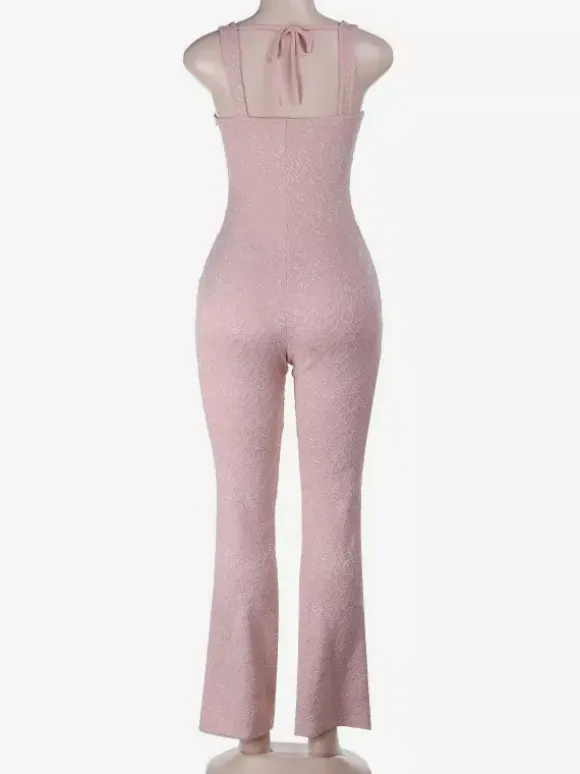 Pink Fairycore Lace Jumpsuit For Women - Tie Front Flare Leg Romper - Summer Romantic Date Night Party Wear 2026
