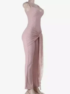 Pink Fairycore Lace Jumpsuit For Women - Tie Front Flare Leg Romper - Summer Romantic Date Night Party Wear 2026