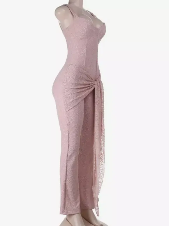 Pink Fairycore Lace Jumpsuit For Women - Tie Front Flare Leg Romper - Summer Romantic Date Night Party Wear 2026