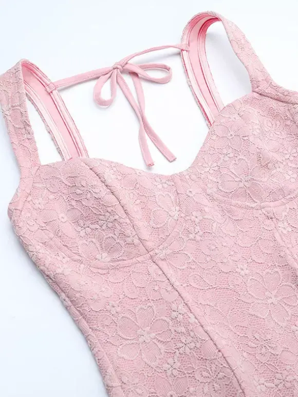Pink Fairycore Lace Jumpsuit For Women - Tie Front Flare Leg Romper - Summer Romantic Date Night Party Wear 2026