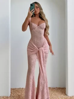 Pink Fairycore Lace Jumpsuit For Women - Tie Front Flare Leg Romper - Summer Romantic Date Night Party Wear 2026