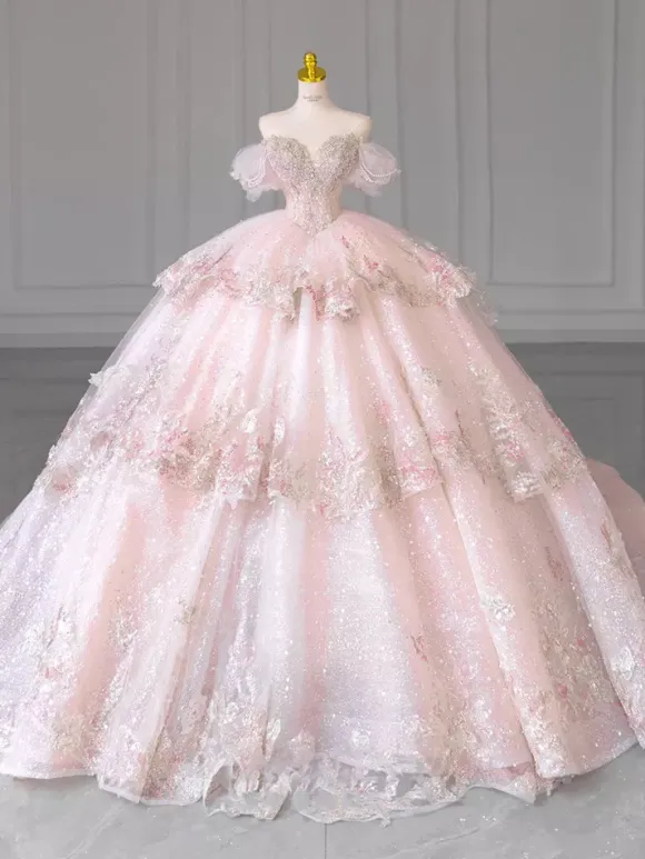 Pink Fairy Lolita Dresses Beaded Embroidery Multi-Layer Floor Length Lolita Dress