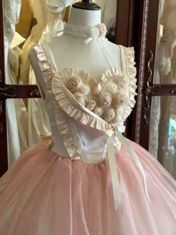 Pink Fairy Lolita Dresses Ruffles Straps Rose Lace Up Sweet Lolita Ballet Tea Party Dress