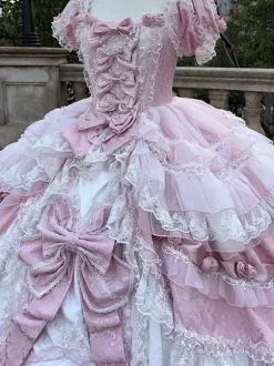 Pink Fairy Lolita Dress Lace Bow Short Sleeves Floor Length Lolita Dresses