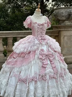 Pink Fairy Lolita Dress Lace Bow Short Sleeves Floor Length Lolita Dresses