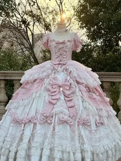 Pink Fairy Lolita Dress Lace Bow Short Sleeves Floor Length Lolita Dresses