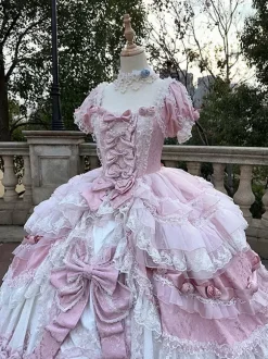 Pink Fairy Lolita Dress Lace Bow Short Sleeves Floor Length Lolita Dresses