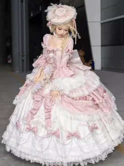 Pink Fairy Lolita Dress Lace Bow Short Sleeves Floor Length Lolita Dresses