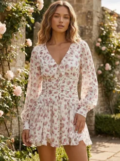 Pink Floral Print V-Neck Long Sleeve Mini Dress For Summer 2026