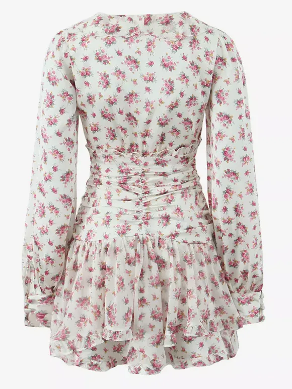 Pink Floral Print V-Neck Long Sleeve Mini Dress For Summer 2026