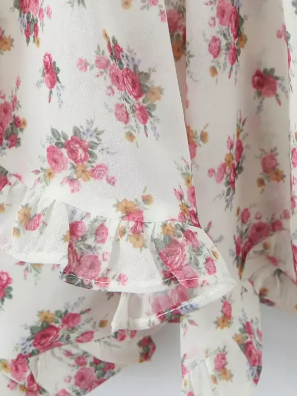 Pink Floral Print V-Neck Long Sleeve Mini Dress For Summer 2026