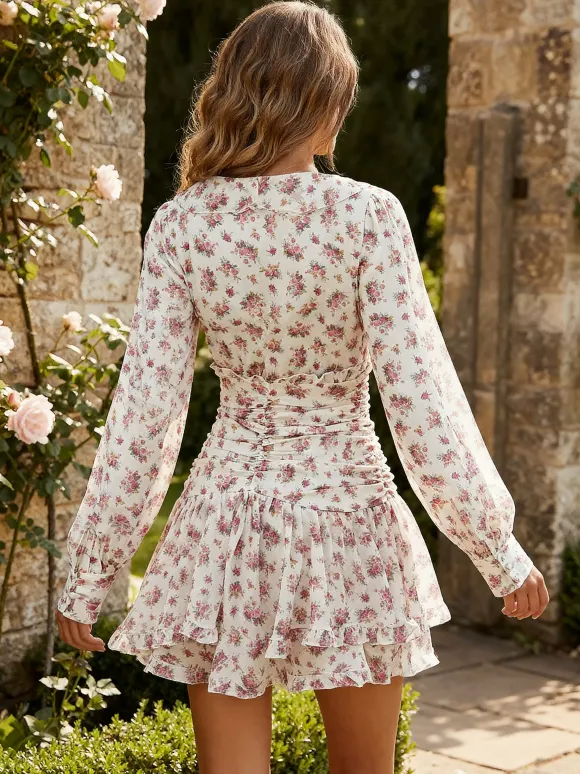 Pink Floral Print V-Neck Long Sleeve Mini Dress For Summer 2026