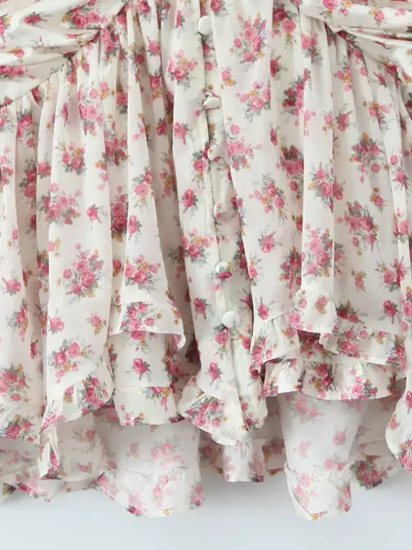 Pink Floral Print V-Neck Long Sleeve Mini Dress For Summer 2026