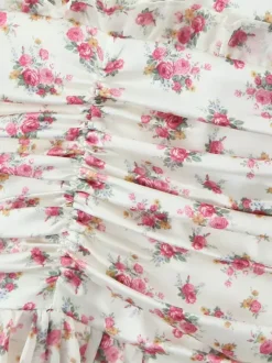 Pink Floral Print V-Neck Long Sleeve Mini Dress For Summer 2026