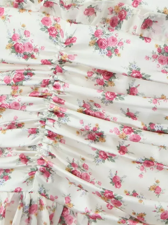 Pink Floral Print V-Neck Long Sleeve Mini Dress For Summer 2026