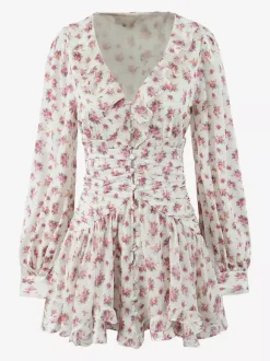 Pink Floral Print V-Neck Long Sleeve Mini Dress For Summer 2026