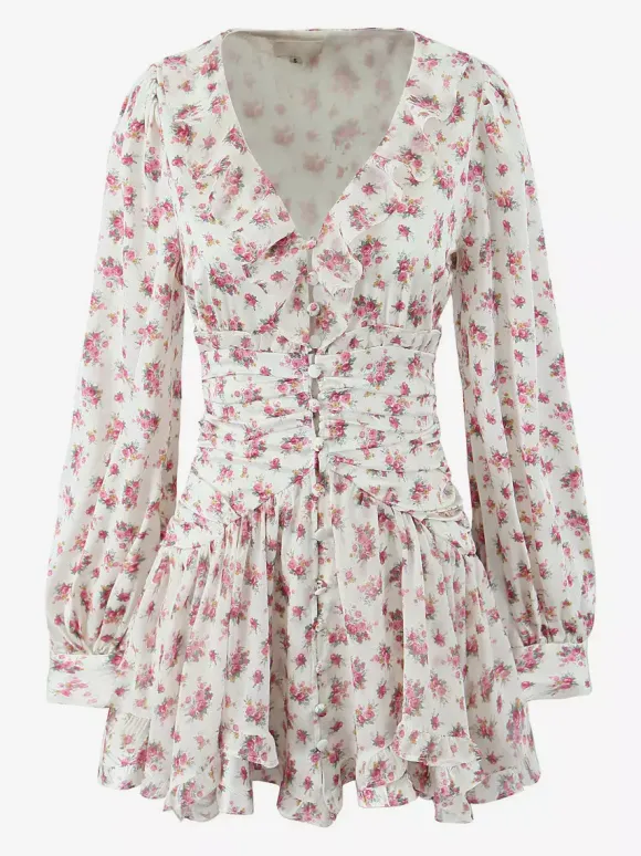 Pink Floral Print V-Neck Long Sleeve Mini Dress For Summer 2026