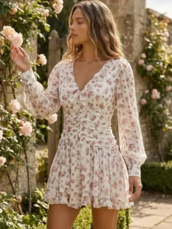 Pink Floral Print V-Neck Long Sleeve Mini Dress For Summer 2026
