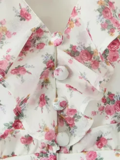 Pink Floral Print V-Neck Long Sleeve Mini Dress For Summer 2026