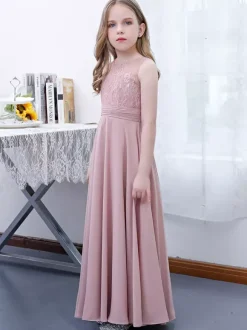 Pink Flower Girl Dress Chiffon Lace Jewel Neck Sleeveless Lotus Kids Birthday Party Dresses