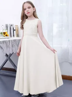 Pink Flower Girl Dress Chiffon Lace Jewel Neck Sleeveless Lotus Kids Birthday Party Dresses