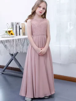 Pink Flower Girl Dress Chiffon Lace Jewel Neck Sleeveless Lotus Kids Birthday Party Dresses