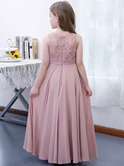 Pink Flower Girl Dress Chiffon Lace Jewel Neck Sleeveless Lotus Kids Birthday Party Dresses