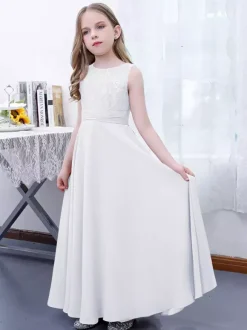 Pink Flower Girl Dress Chiffon Lace Jewel Neck Sleeveless Lotus Kids Birthday Party Dresses