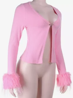 Pink Fur Cuff Women's Crop Cardigan - Y2K Ribbed Long Sleeve V-Neck Top - Sexy Clubwear Night Out Party Shrug 2026
