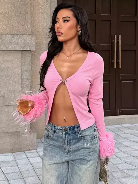 Pink Fur Cuff Women's Crop Cardigan - Y2K Ribbed Long Sleeve V-Neck Top - Sexy Clubwear Night Out Party Shrug 2026