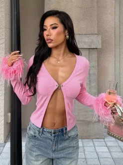 Pink Fur Cuff Women's Crop Cardigan - Y2K Ribbed Long Sleeve V-Neck Top - Sexy Clubwear Night Out Party Shrug 2026