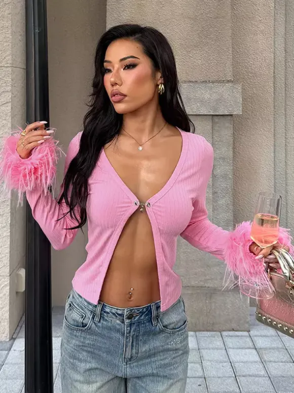 Pink Fur Cuff Women's Crop Cardigan - Y2K Ribbed Long Sleeve V-Neck Top - Sexy Clubwear Night Out Party Shrug 2026
