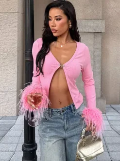 Pink Fur Cuff Women's Crop Cardigan - Y2K Ribbed Long Sleeve V-Neck Top - Sexy Clubwear Night Out Party Shrug 2026