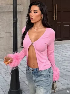 Pink Fur Cuff Women's Crop Cardigan - Y2K Ribbed Long Sleeve V-Neck Top - Sexy Clubwear Night Out Party Shrug 2026